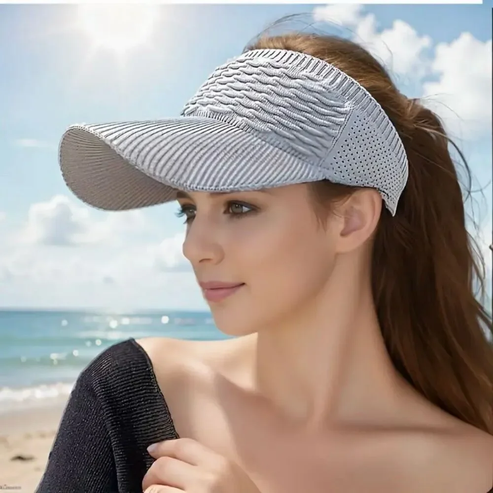 NWT Gorgeous Grey Knit Visor Elastic Sun Hat UV Protection